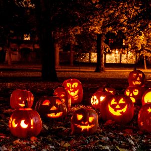 Group of candle lit Halloween pumpkins in park on fall evening