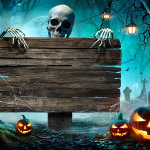 Halloween,Party,Card,-,Pumpkins,And,Skeleton,In,Graveyard,At